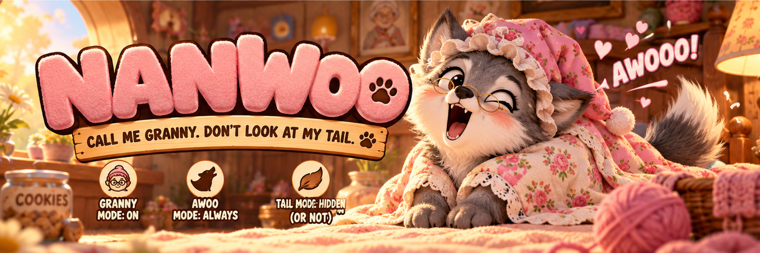 The original NANWOO banner: the little wolf howls from a cozy cottage, with the words Call me Granny. Don't look at my tail.